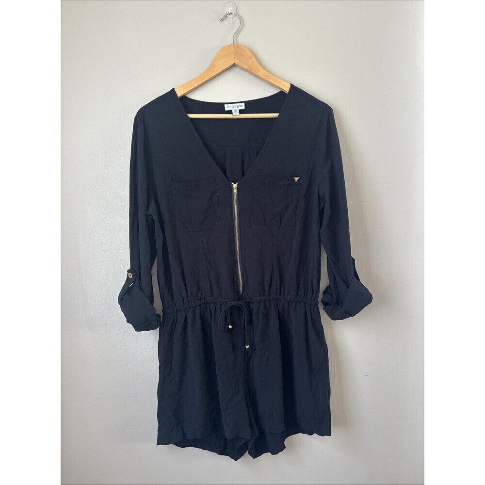 GUESS Women’s Black Romper Size M Rolled Sleeve Gold Zip Front One Piece